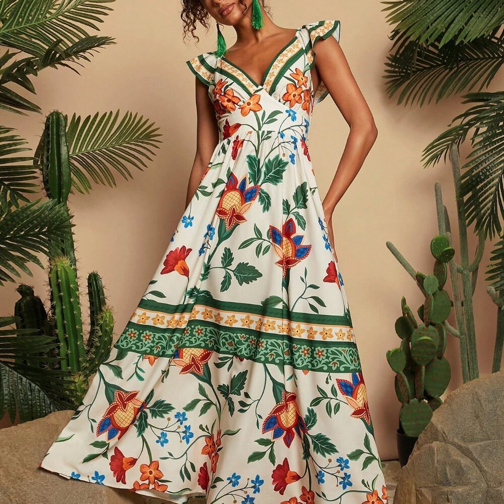 Green Boho Tropical Print V-Neck Cap Sleeve Backless Women's Dress - Picture 4 of 7